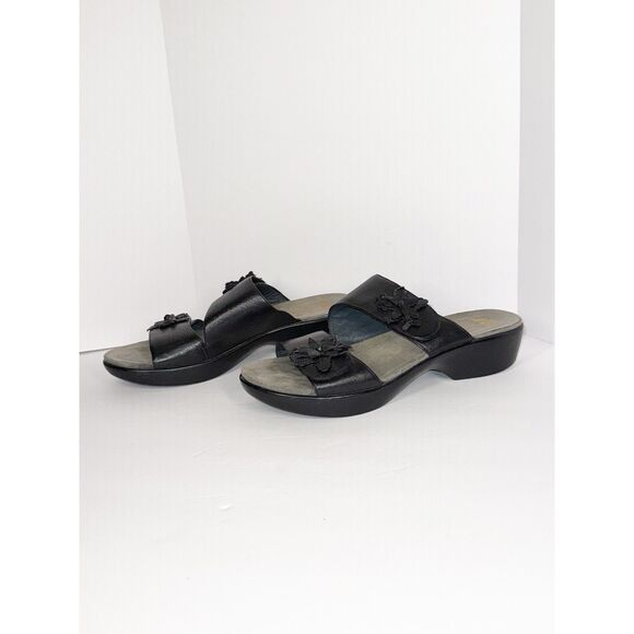Dansko Donna Sandal Black Leather Comfort Slide Two Strap Low Wedge Floral 40/10 - Picture 3 of 13